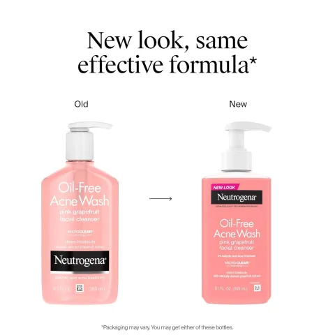 Old and new Neutrogena Oil-Free Acne Wash bottles side by side with a white background.