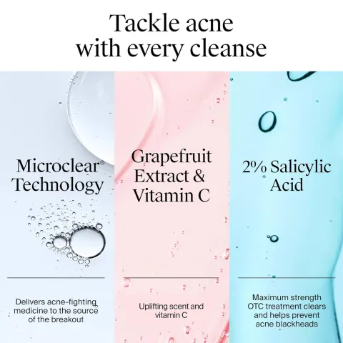Three panels showing benefits of a facial cleanser with bubbles and colored backgrounds.