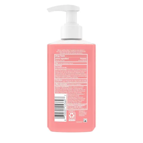 Pink soap or lotion bottle with a white pump, shown from the back with label and barcode.