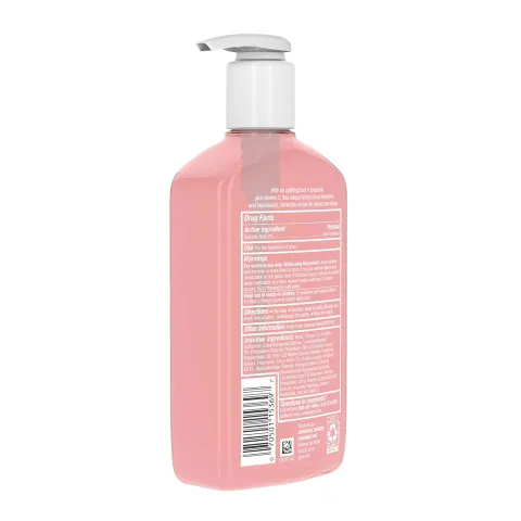 Pink pump bottle with a white label and barcode shown on the back.