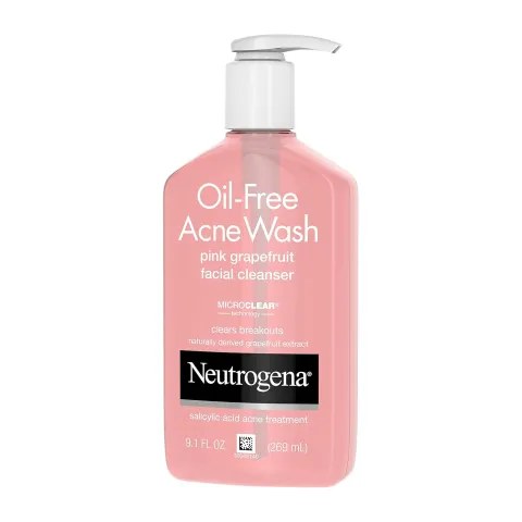 Neutrogena Oil-Free Acne Wash pink grapefruit facial cleanser bottle with pump.