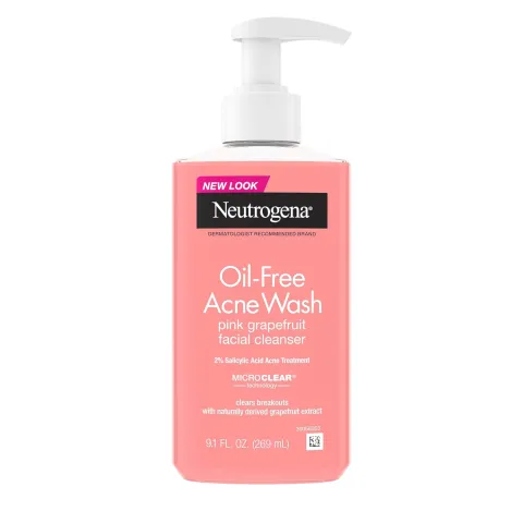 Neutrogena Oil-Free Acne Wash pink grapefruit facial cleanser bottle with pump.