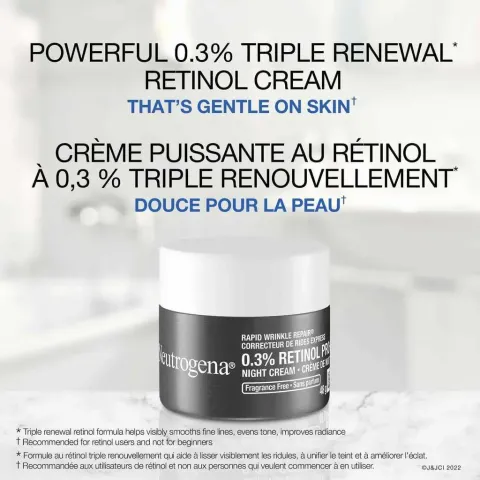 Neutrogena .3% triple renewal retinol cream jar on a bathroom counter.