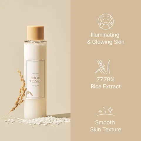 Skincare bottle with rice grains on a beige background, highlighting rice extract benefits.