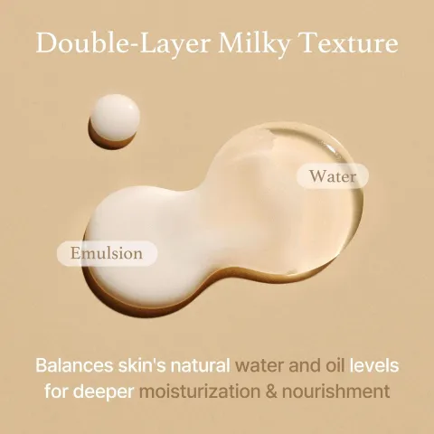 Milky emulsion and clear water drops on a beige background, illustrating double-layer texture.