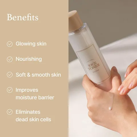 Hand holding clear skincare bottle against neutral background, benefits listed on left side.