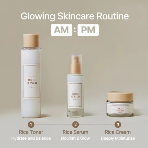 Three rice skincare products on a beige background: toner, serum, and cream.