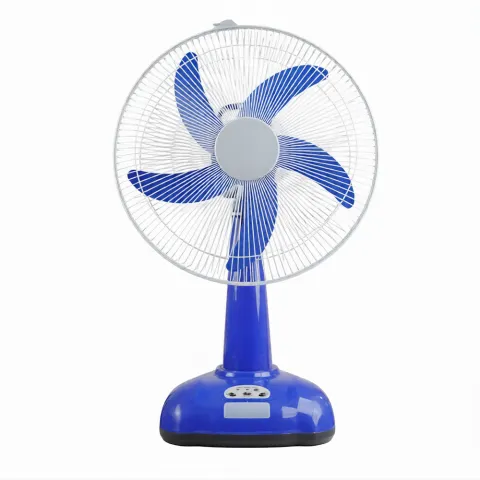 Blue electric table fan with five blades and a protective wire grille.