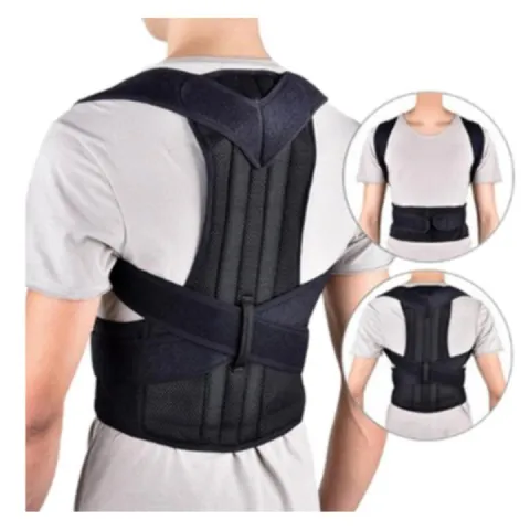 Person wearing a black posture corrector brace over a white shirt, shown from the back.