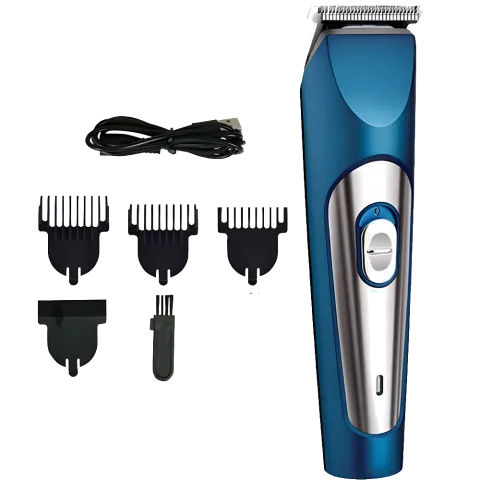 Blue electric hair trimmer with four clipper guards and a charging cable.