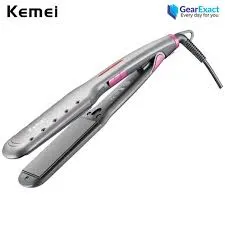 Silver Kemei hair straightener with pink accents and a black power cord.