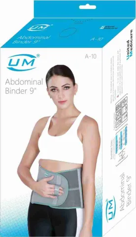 Front packaging of a UM Abdominal Support medical binder, showing a photo model wearing the white compression belt around her waist, with text displaying the product name, 9-inch height, and size details.