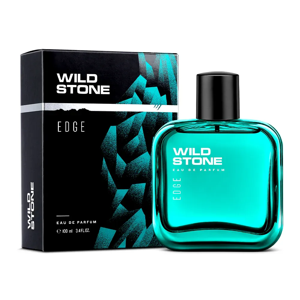 Wild Stone Edge perfume bottle and box with teal and black geometric design.