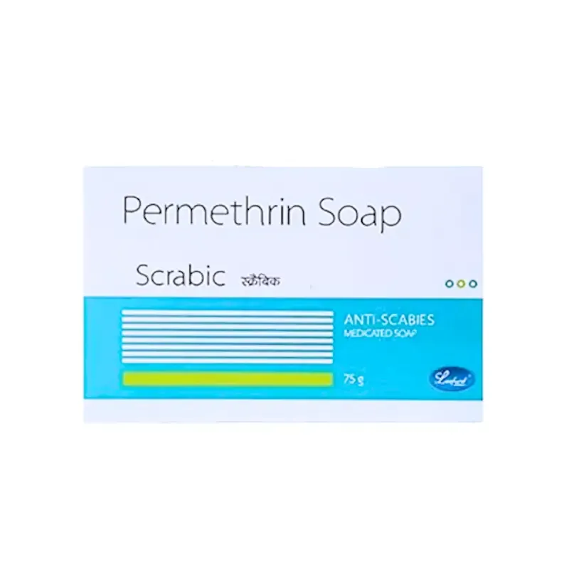 Permethrin soap product packaging with blue and white design.