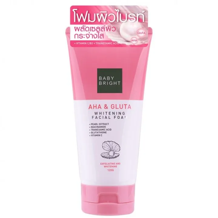 Pink and white Baby Bright AHA & Gluta Whitening Facial Foam tube with product label.