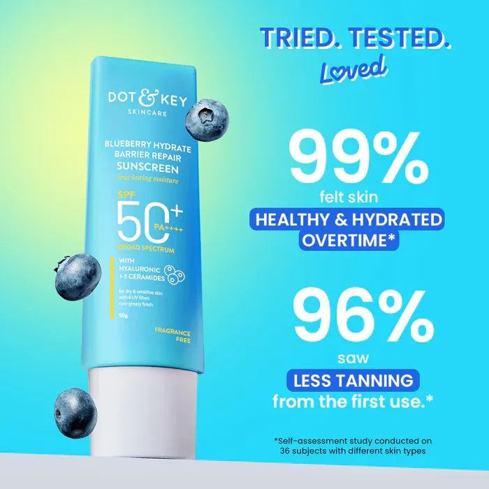 Blue Dot & Key sunscreen tube with blueberries on a gradient blue background.