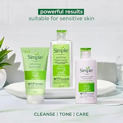 Simple skincare products on a white tray with a green plant in the background.