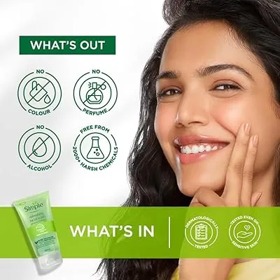 Smiling woman with clear skin holding her face, Simple face wash tube shown in corner.