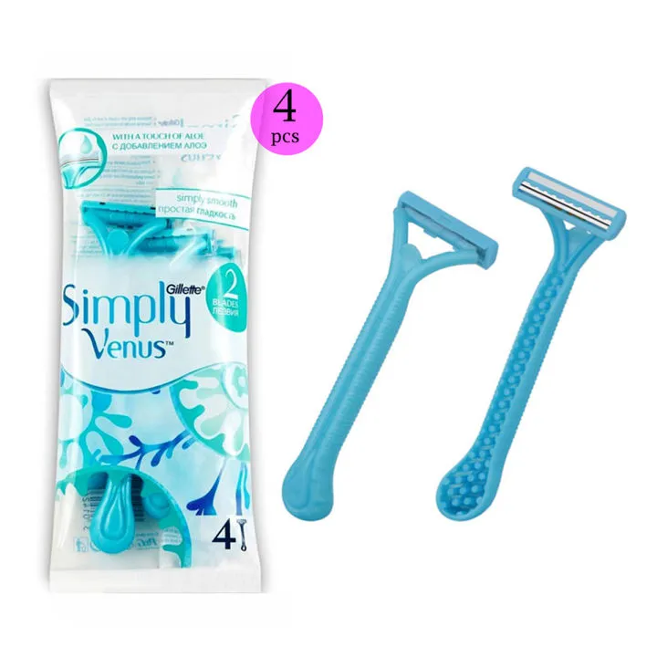 Two blue disposable razors and a Simply Venus 4-pack razor packaging.