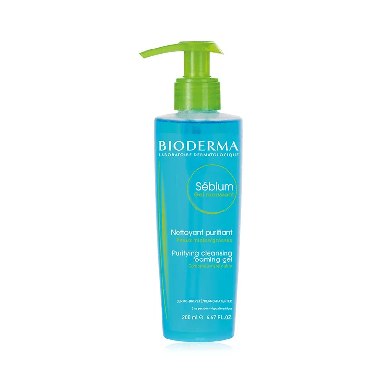 Blue Bioderma Sebium cleansing gel bottle with green pump dispenser.