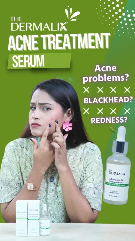 Woman touching her face with a concerned expression next to Dermalix acne treatment serum.