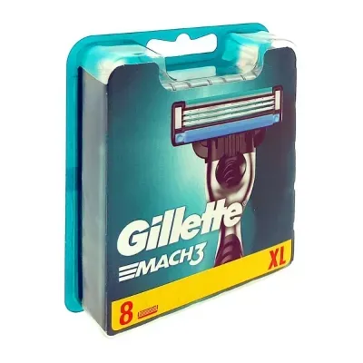 Gillette Mach3 razor blade refill pack with XL 8 count label in blue and yellow packaging.