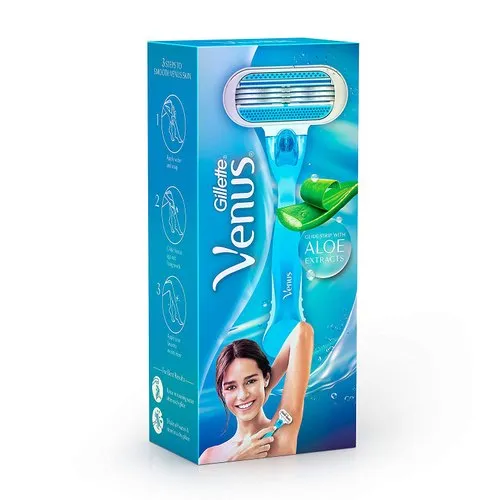 Gillette Venus razor packaging with a razor and a woman shaving her underarm.