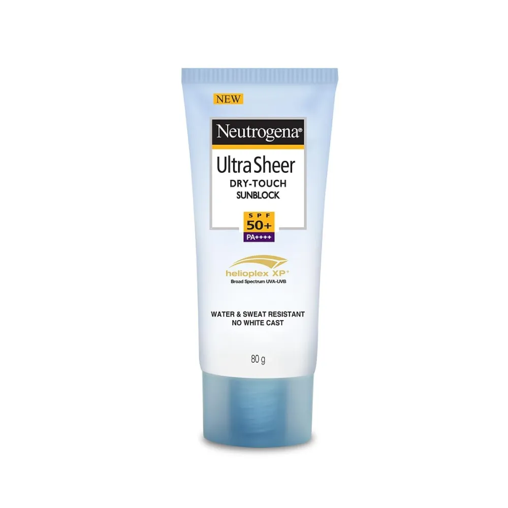 Neutrogena Ultra Sheer Dry-Touch sunblock tube with blue cap on white background.