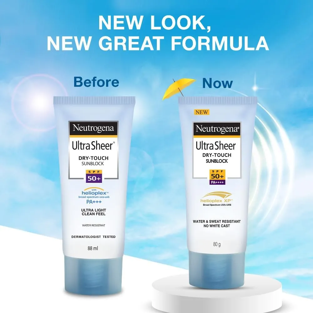 Neutrogena Ultra Sheer sunscreen tubes showing old and new packaging designs.