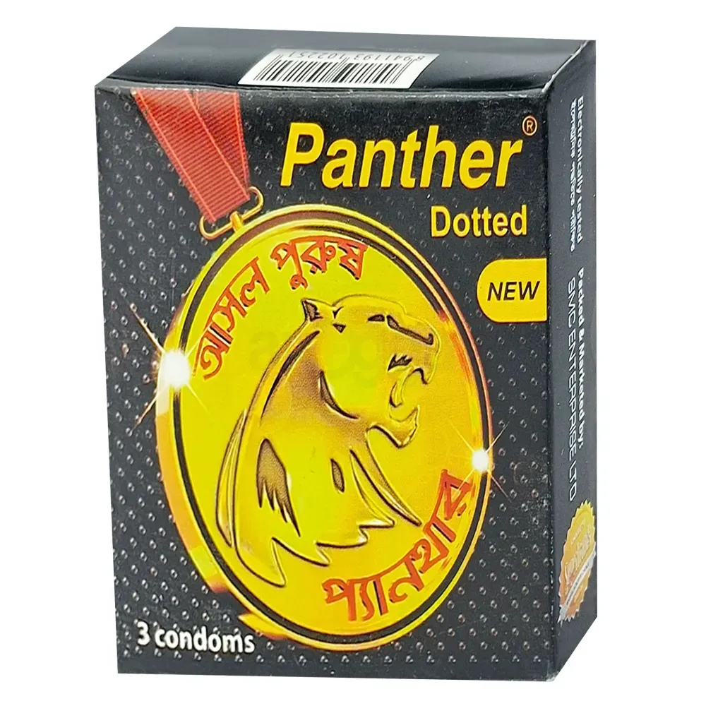 Panther Dotted condoms box with a gold panther logo and red ribbon design.