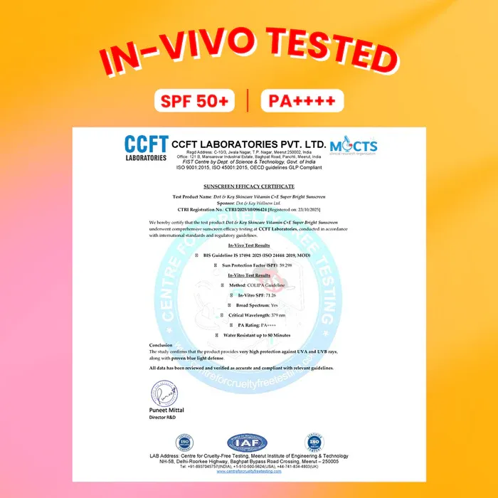 Laboratory certification document for sunscreen SPF 50+ and PA++++ on a yellow and pink background.