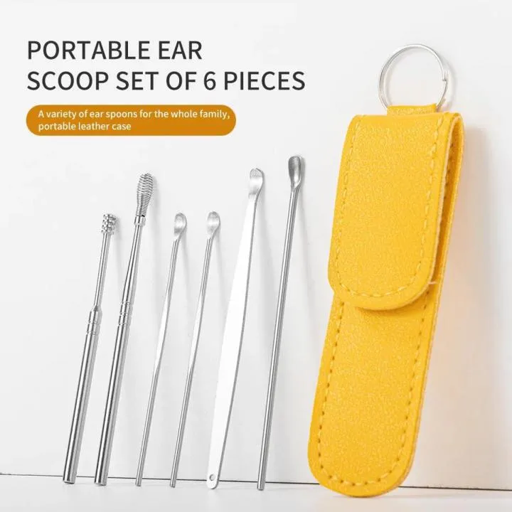 Six metal ear picks with a yellow carrying case and keyring.