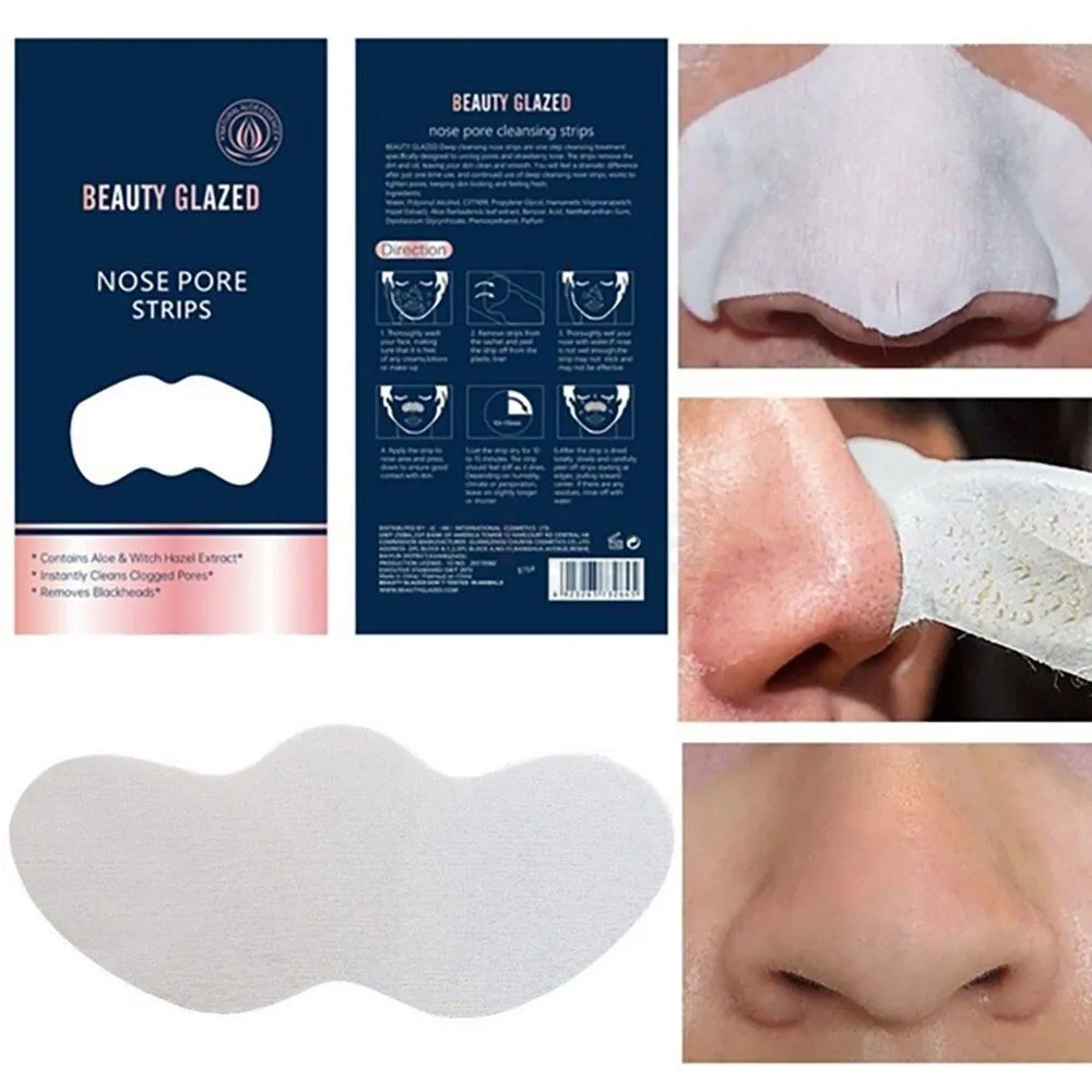 Nose pore strip packaging, application steps, and close-up of a clean nose after use.