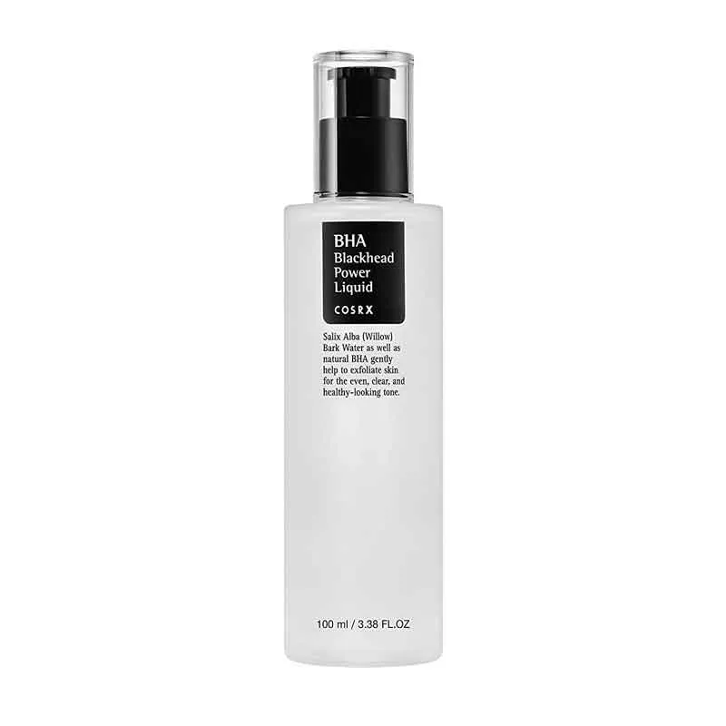 Clear bottle of COSRX BHA Blackhead Power Liquid with a black pump and label.