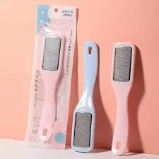 Two pastel foot files, one blue, one pink, with one packaged against a peach background.