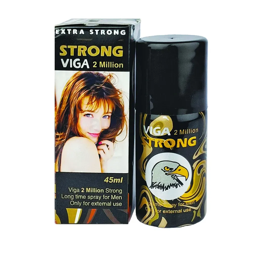 Viga 2 Million spray bottle next to its black and yellow box featuring a woman's face.