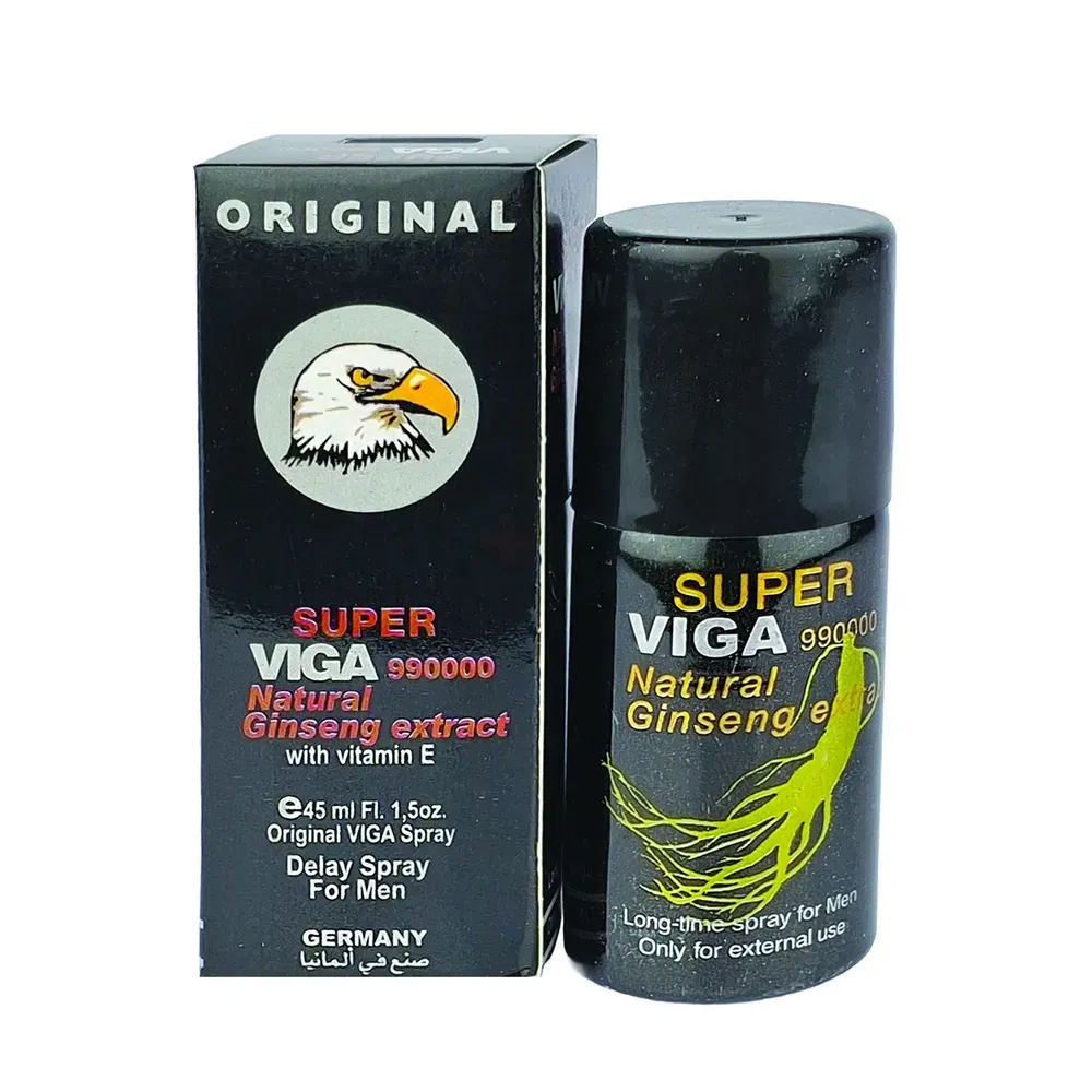 Black Viga Natural Ginseng spray can and box with a yellow ginseng graphic and eagle logo.