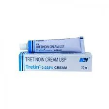 Tretinoin cream tube and box with blue and white packaging.