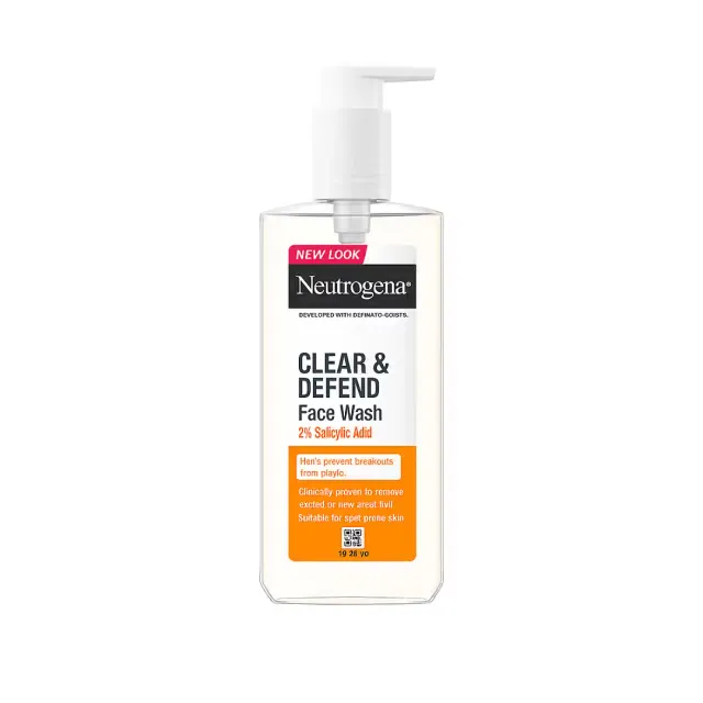 Neutrogena Clear & Defend Face Wash in a clear pump bottle with orange label.