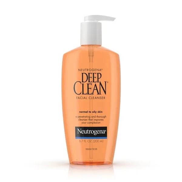 Neutrogena Deep Clean facial cleanser in an orange pump bottle.