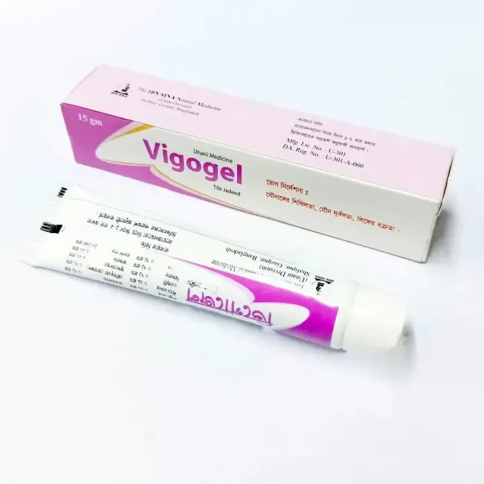 Vigogel cream tube and box with pink and white design on a white background.