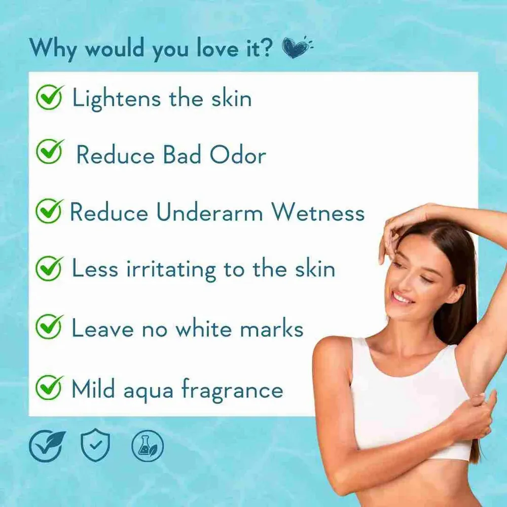 Smiling woman in a white tank top raising her arm, checklist of skincare benefits on blue background.