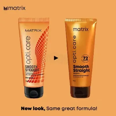 Two Matrix Opti Care Smooth Straight product tubes, old and new packaging, on an orange background.