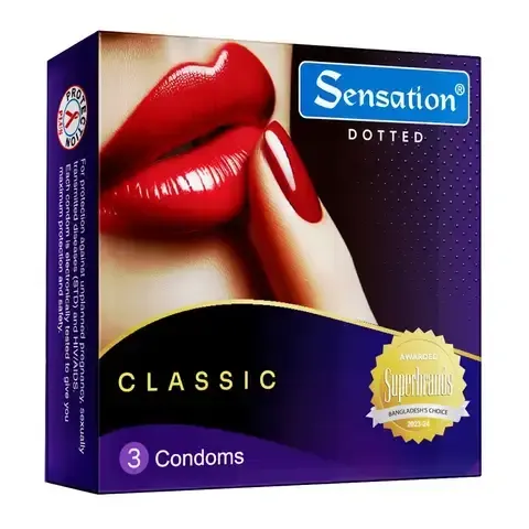 Sensation Classic condoms box with red lips and purple background.