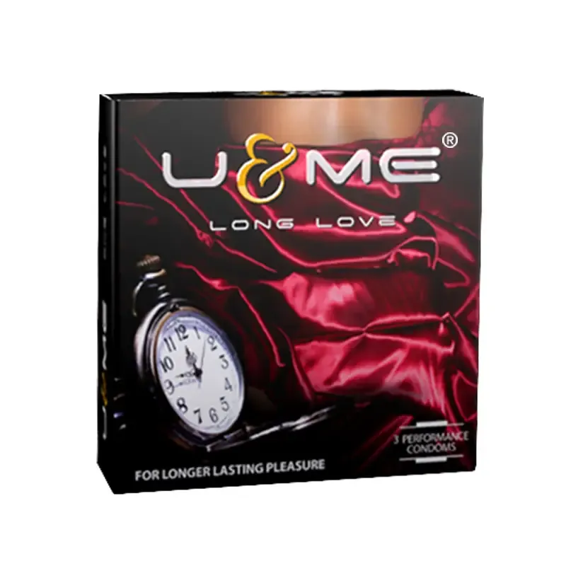 U&Me Long Love condom box with a stopwatch and red satin background.