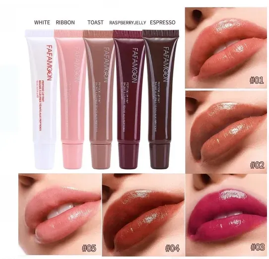 Five tubes of lip gloss in various shades with matching swatches on lips.