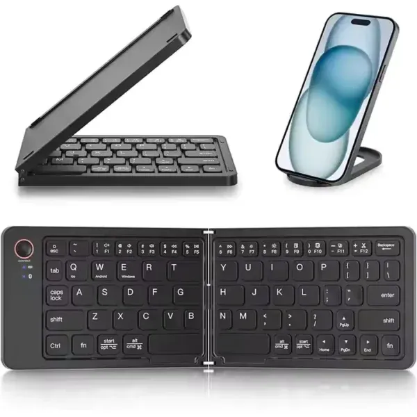Foldable Bluetooth keyboard next to a smartphone on a stand.