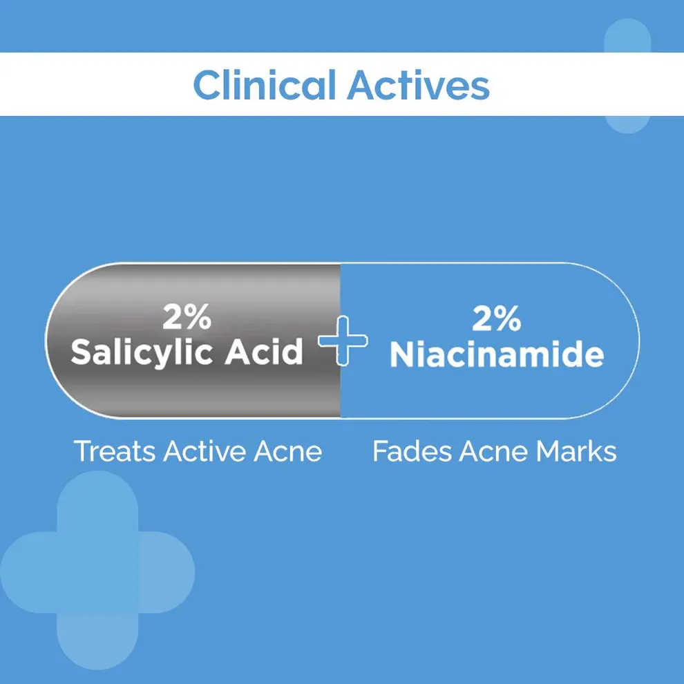 Infographic showing 2% salicylic acid for acne and 2% niacinamide for fading marks.