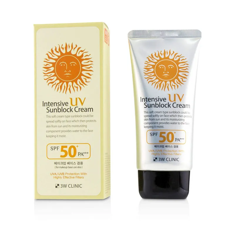 Tube and box of Intensive UV Sunblock Cream SPF 50+ with a sun design on both.