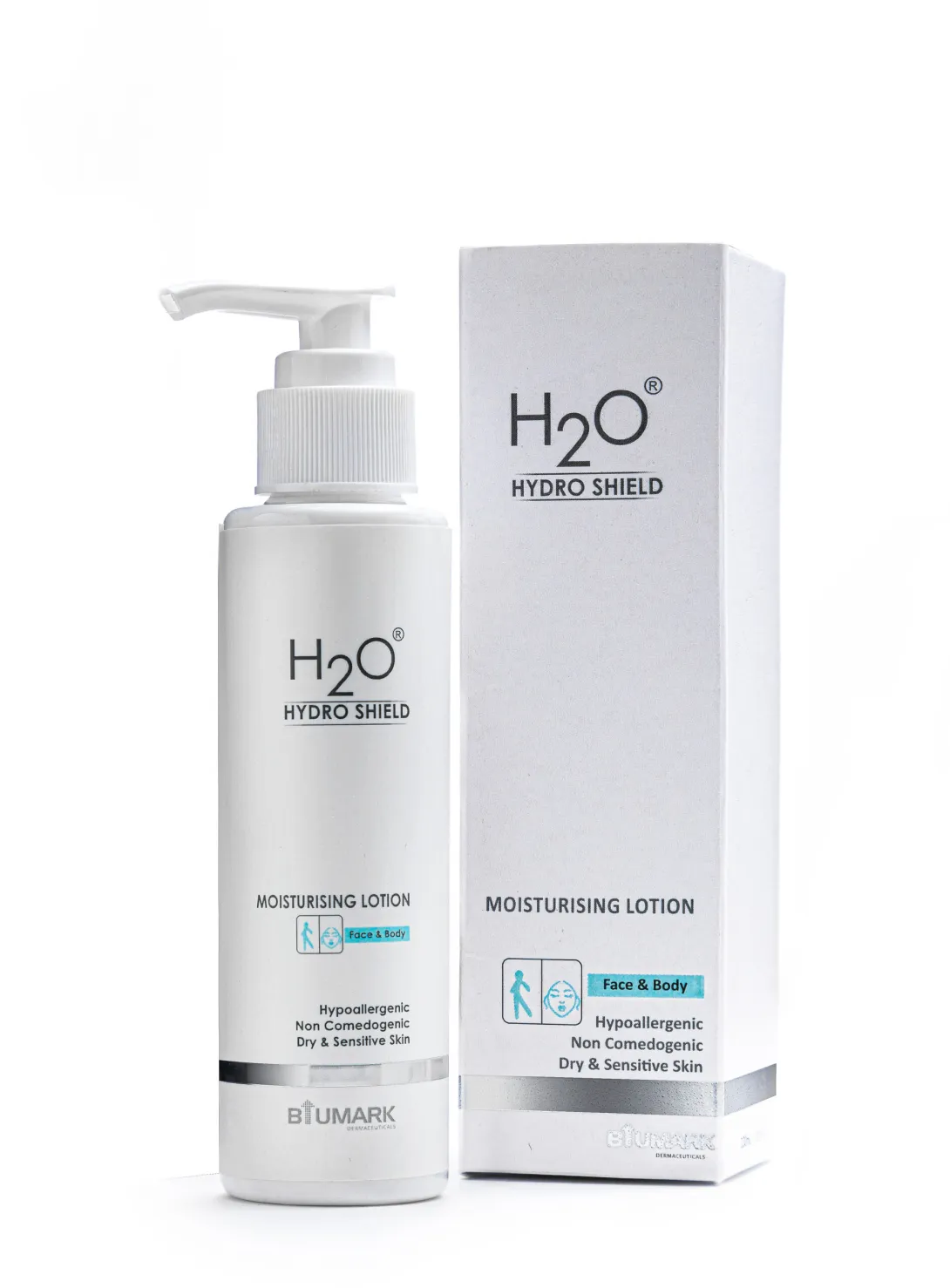 White H2O moisturizing lotion bottle with pump next to matching product box.
